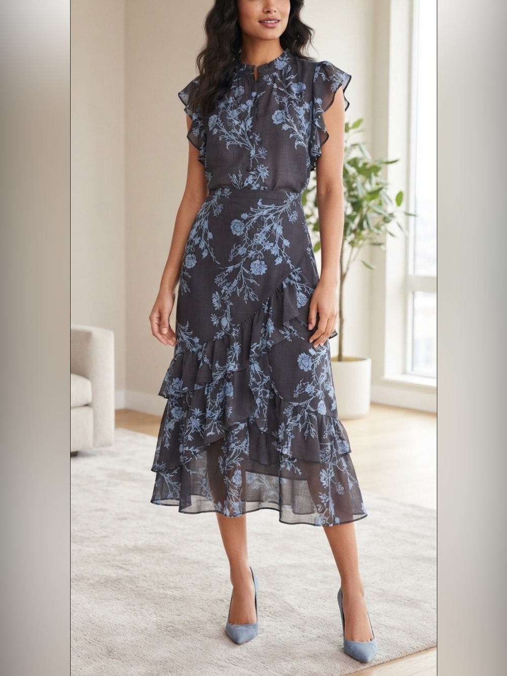 Ann Taylor Romantic Ruffles Blue Floral Two Piece Set - Skirt and Blouse - M